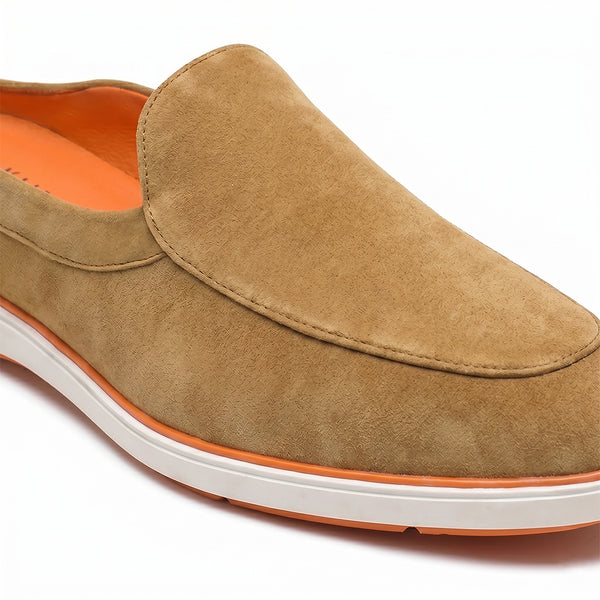 Hayes London | Riviera Camel Brown - Italian Suede Leather Backless Slip-On Mule Loafers for Men – Casual Summer-Walk Half Shoes