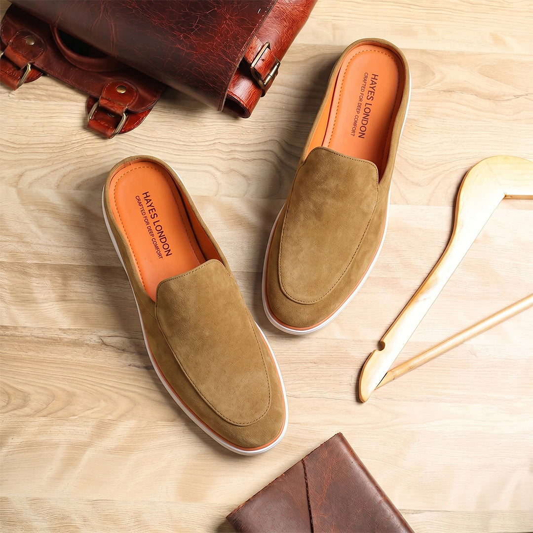 Riviera Camel Brown - Italian Suede Leather Backless Slip-On Mule Loafers for Men – Casual Summer-Walk Half Shoes