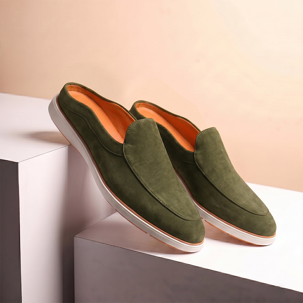Riviera Olive Green - Italian Suede Leather Backless Slip-On Mule Loafers for Men – Casual Summer-Walk Half Shoes