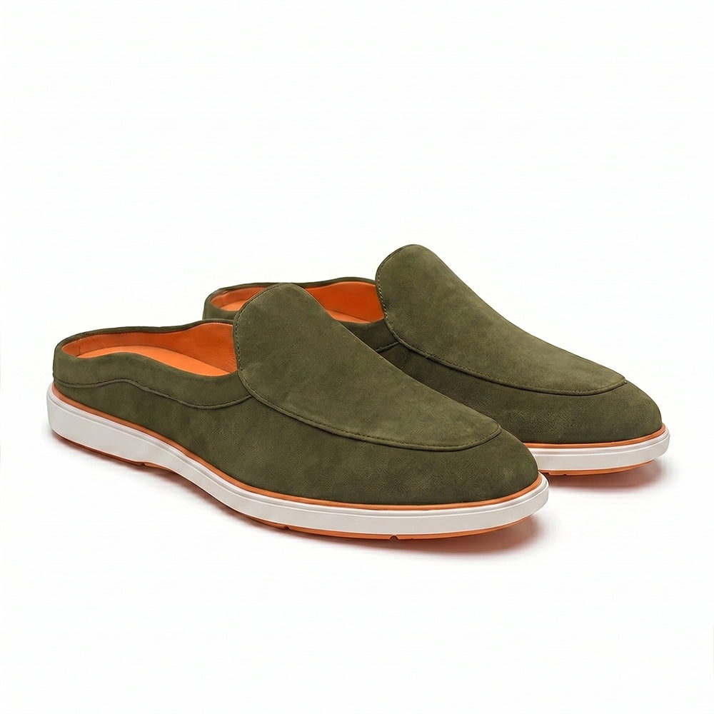 Riviera Olive Green - Italian Suede Leather Backless Slip-On Mule Loafers for Men – Casual Summer-Walk Half Shoes