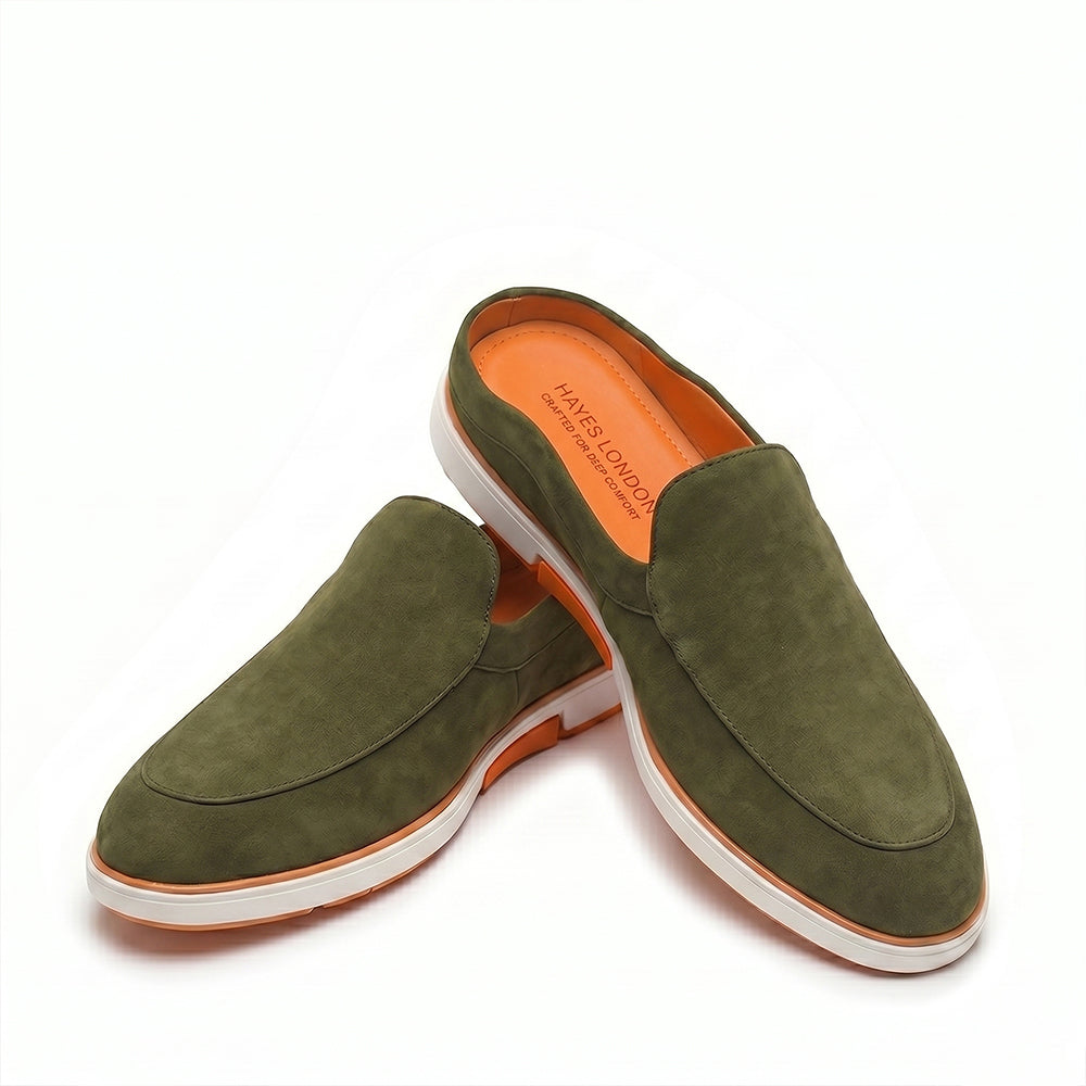 Riviera Olive Green - Italian Suede Leather Backless Slip-On Mule Loafers for Men – Casual Summer-Walk Half Shoes