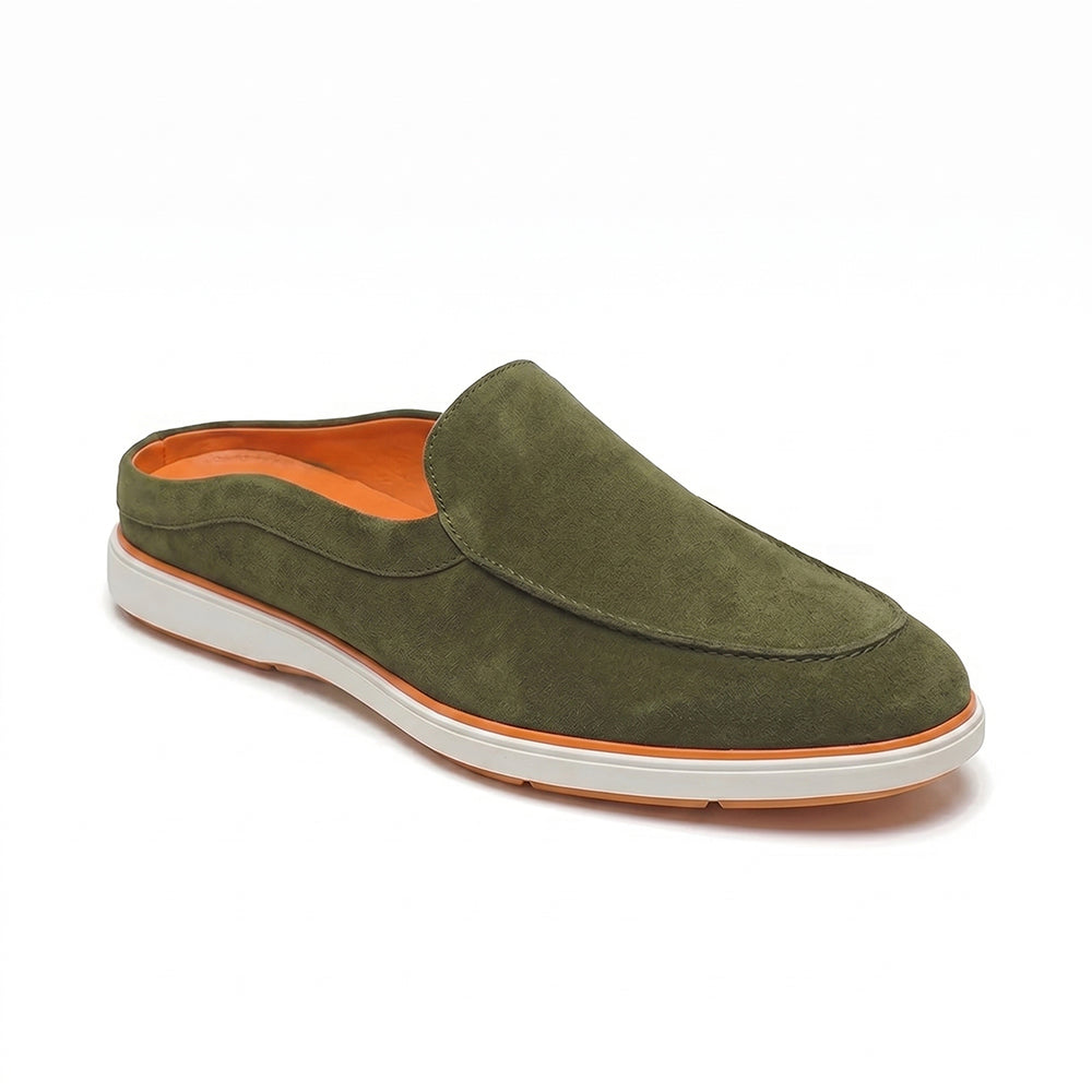 Riviera Olive Green - Italian Suede Leather Backless Slip-On Mule Loafers for Men – Casual Summer-Walk Half Shoes