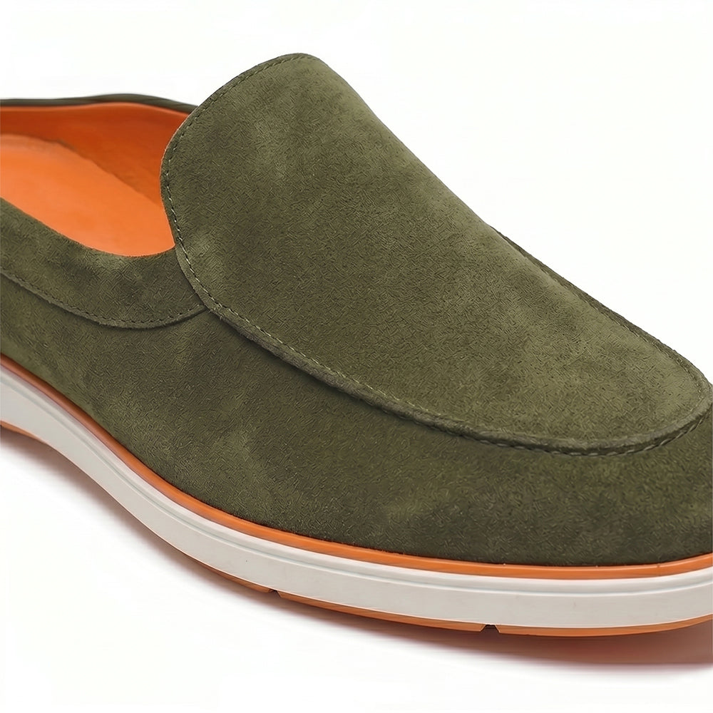 Riviera Olive Green - Italian Suede Leather Backless Slip-On Mule Loafers for Men – Casual Summer-Walk Half Shoes