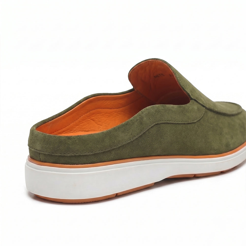 Riviera Olive Green - Italian Suede Leather Backless Slip-On Mule Loafers for Men – Casual Summer-Walk Half Shoes