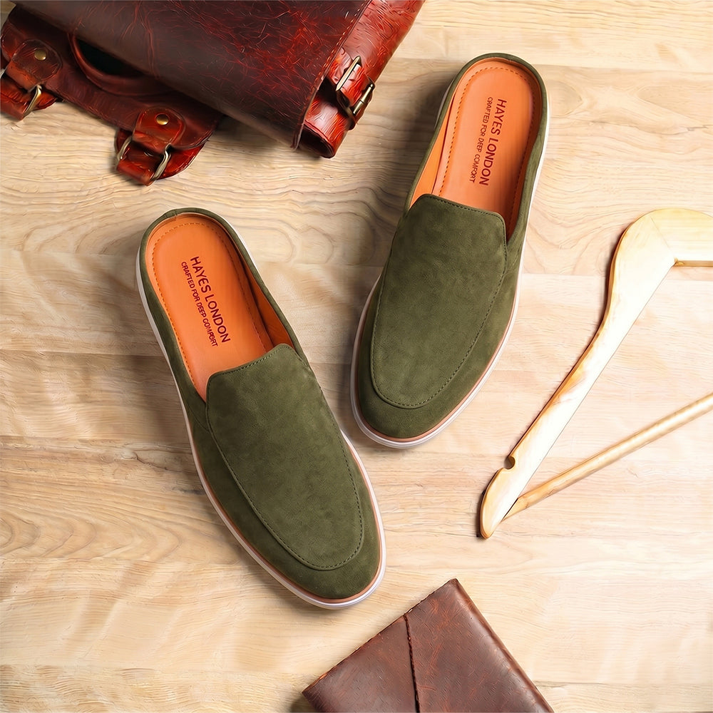 Riviera Olive Green - Italian Suede Leather Backless Slip-On Mule Loafers for Men – Casual Summer-Walk Half Shoes
