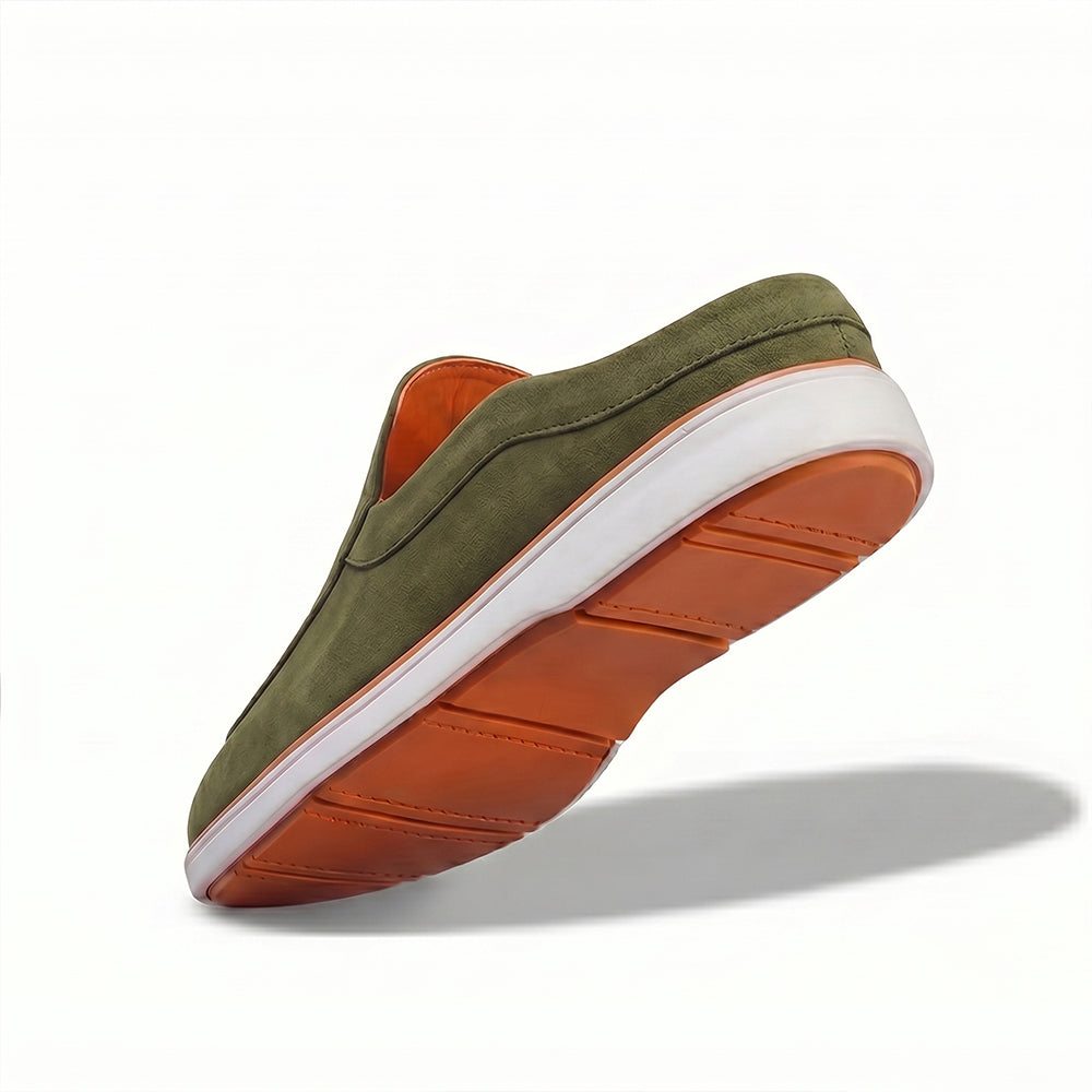 Riviera Olive Green - Italian Suede Leather Backless Slip-On Mule Loafers for Men – Casual Summer-Walk Half Shoes