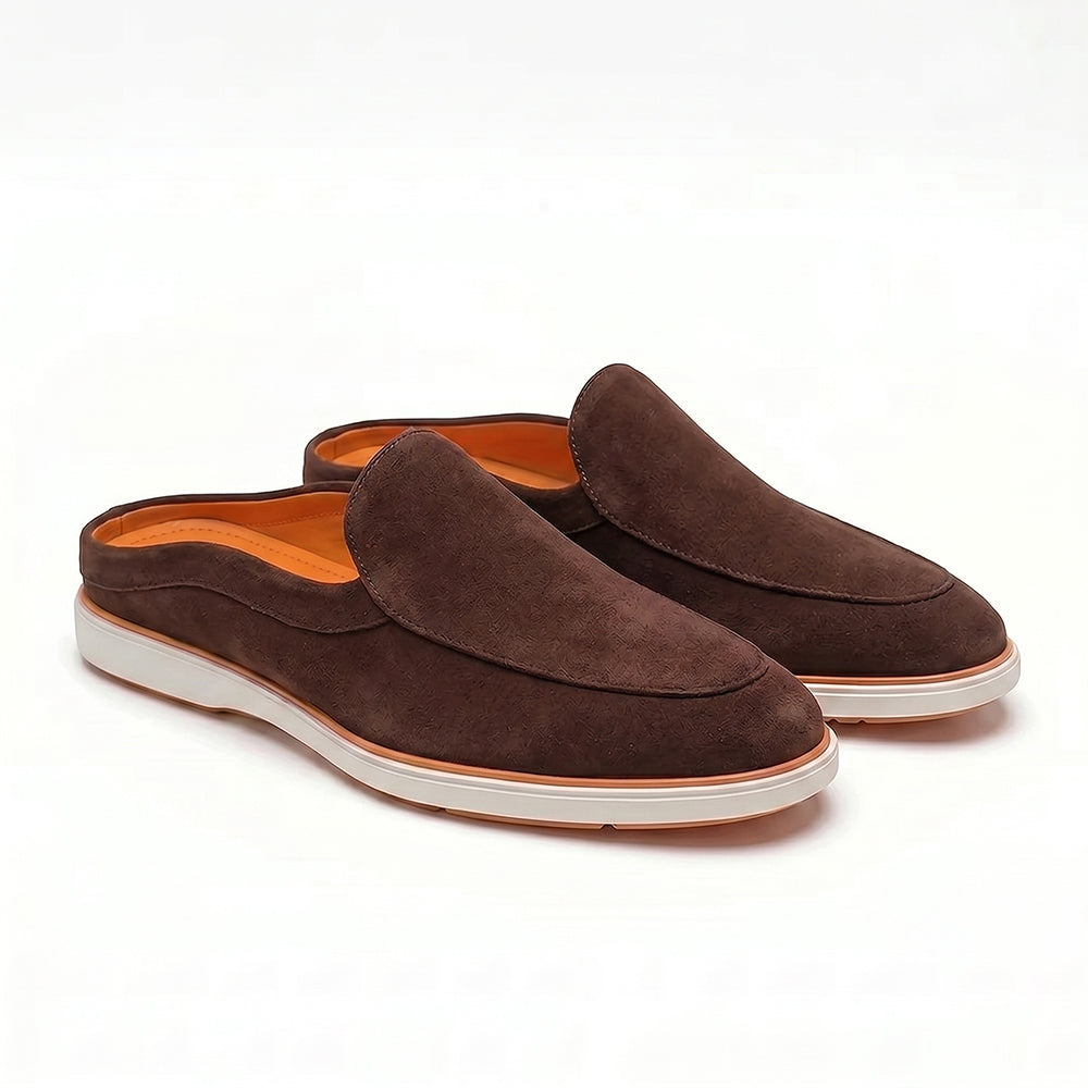 Riviera Brown - Italian Suede Leather Backless Slip-On Mule Loafers for Men – Casual Summer-Walk Half Shoes