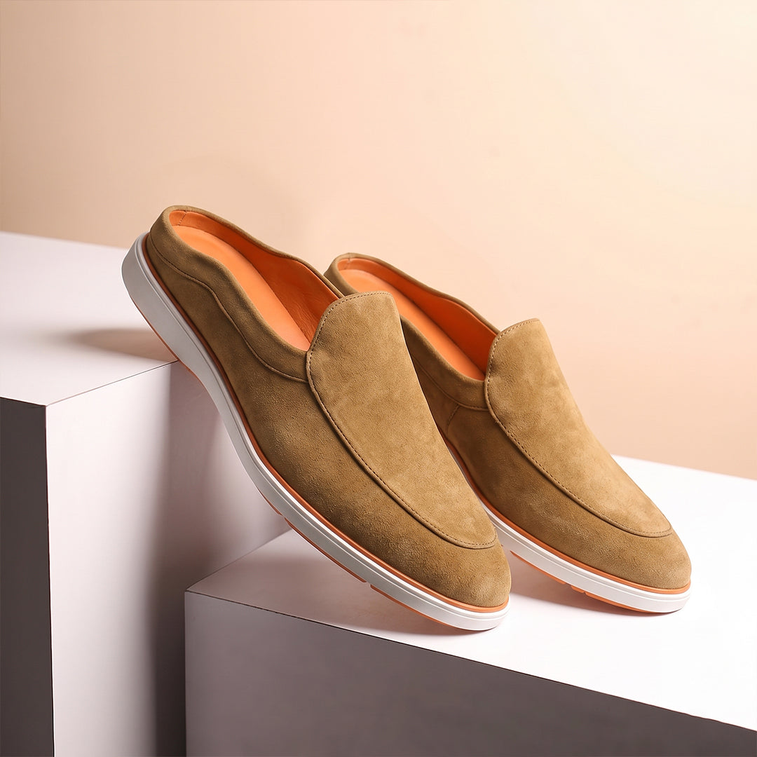 Riviera Camel Brown - Italian Suede Leather Backless Slip-On Mule Loafers for Men – Casual Summer-Walk Half Shoes