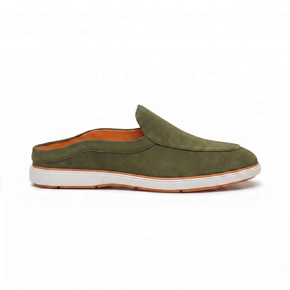 Riviera Olive Green - Italian Suede Leather Backless Slip-On Mule Loafers for Men – Casual Summer-Walk Half Shoes