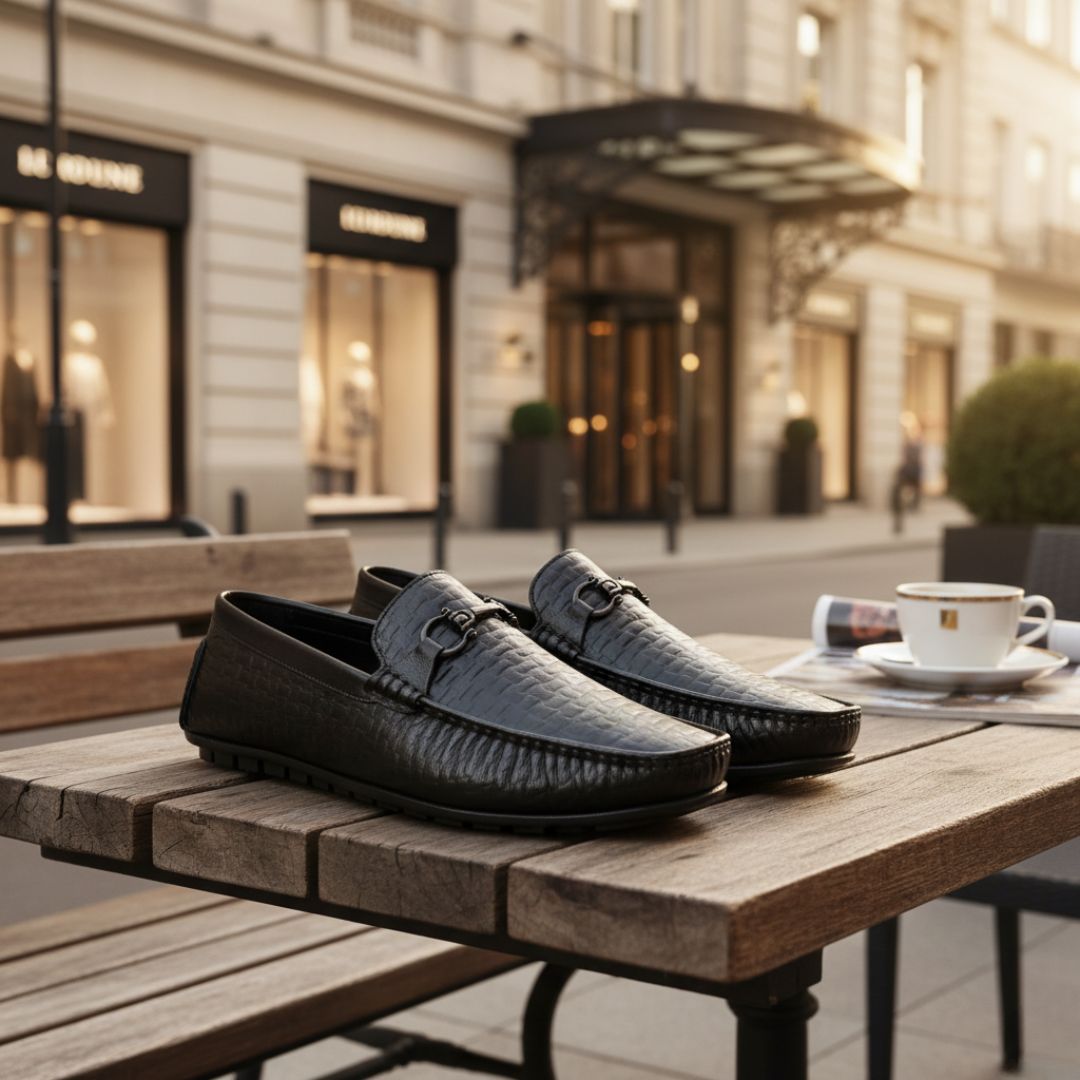 Hayes London | Torque Driving Loafers – Black Woven Embossed Genuine Leather Men’s Shoes
