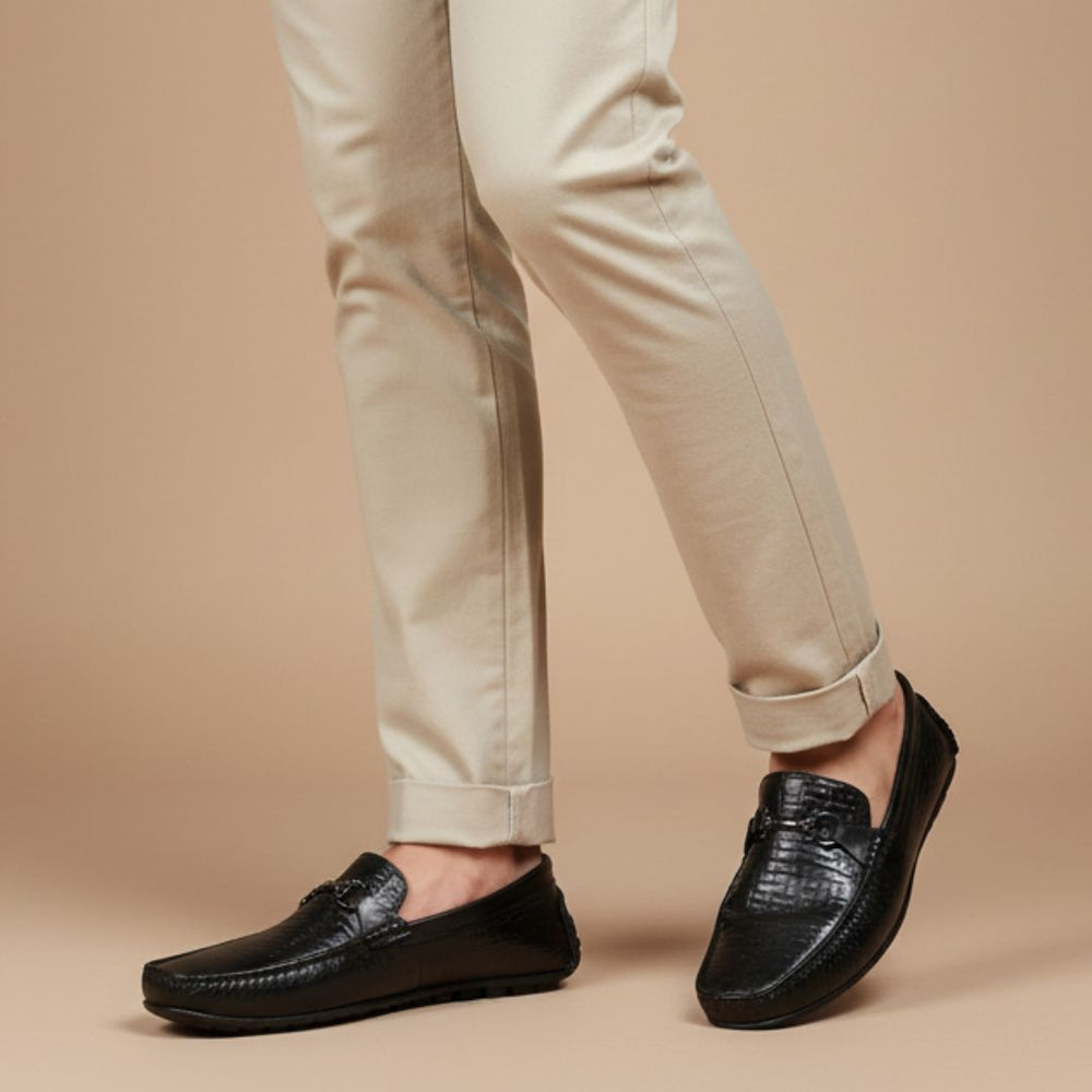 Hayes London | Torque Driving Loafers – Black Woven Embossed Genuine Leather Men’s Shoes