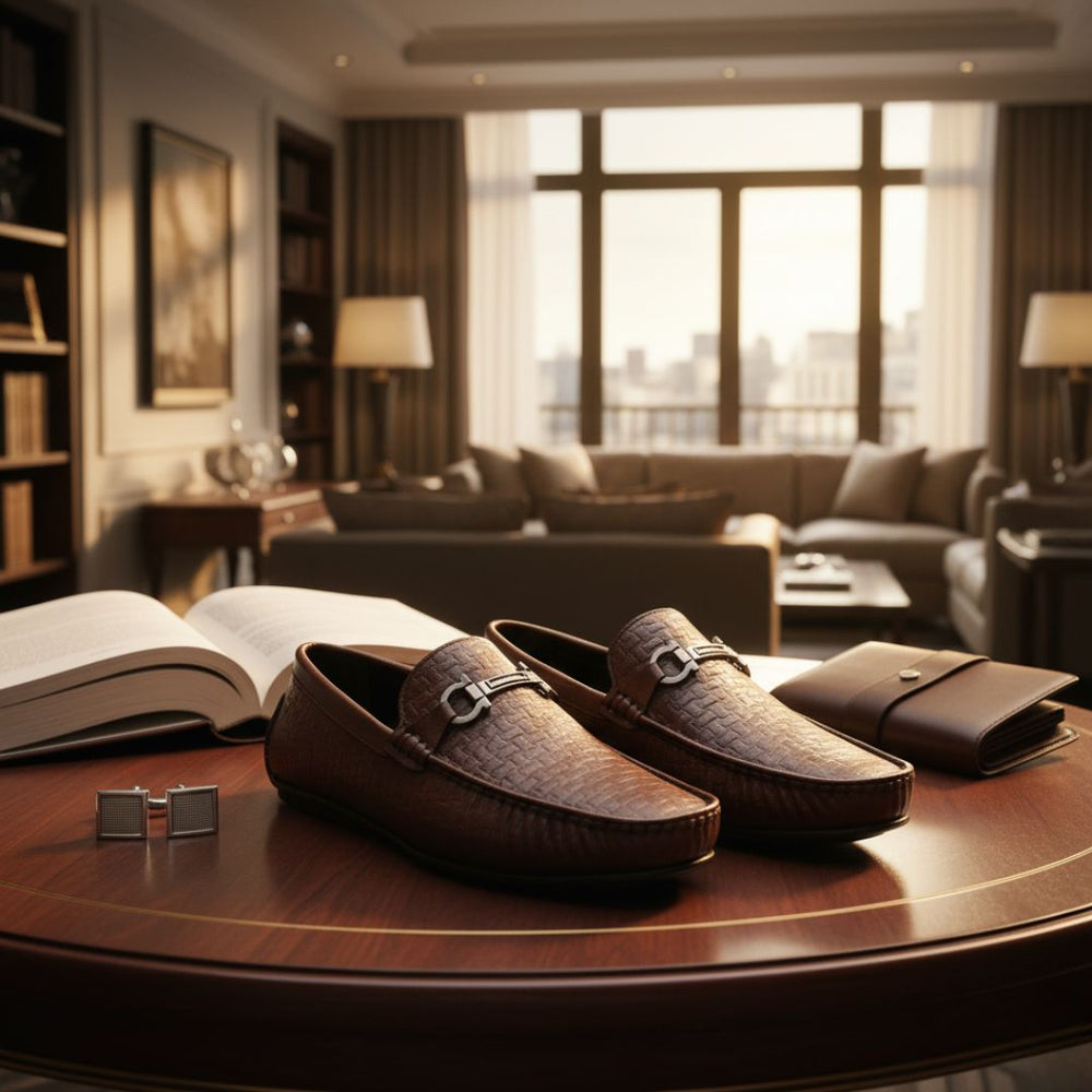 Hayes London | Torque Driving Loafers – Brown Woven Embossed Genuine Leather Men’s Shoes