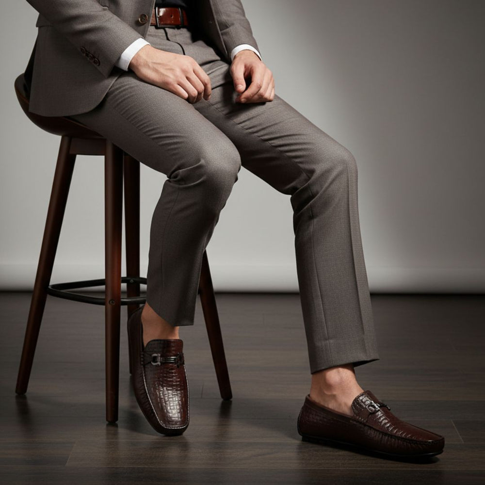 Hayes London | Torque Driving Loafers – Brown Woven Embossed Genuine Leather Men’s Shoes