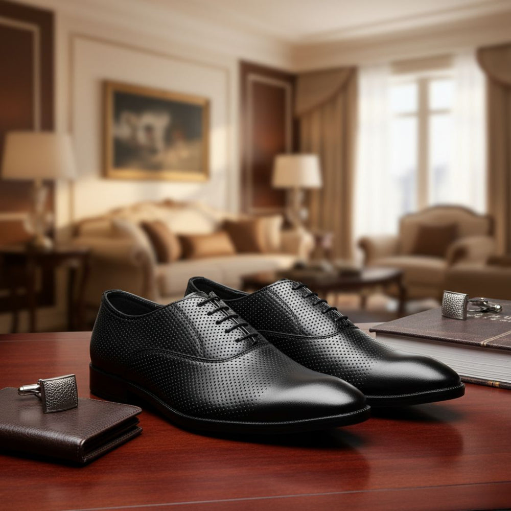 Hayes London | Troy Oxford Shoes – Black Perforated Genuine Leather Men’s Office Shoes