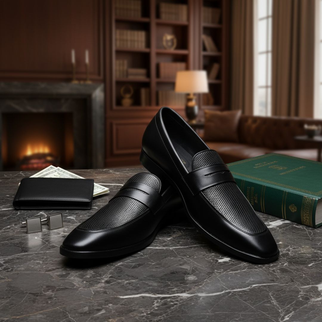 Hayes London | Windsor Penny Loafers – Black Perforated Genuine Leather Men’s Shoes
