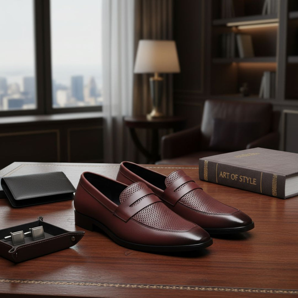 Hayes London | Windsor Brown Formal Penny Loafers for Men – Genuine Leather Dotted Slip-On Shoes for Office & Party Wear