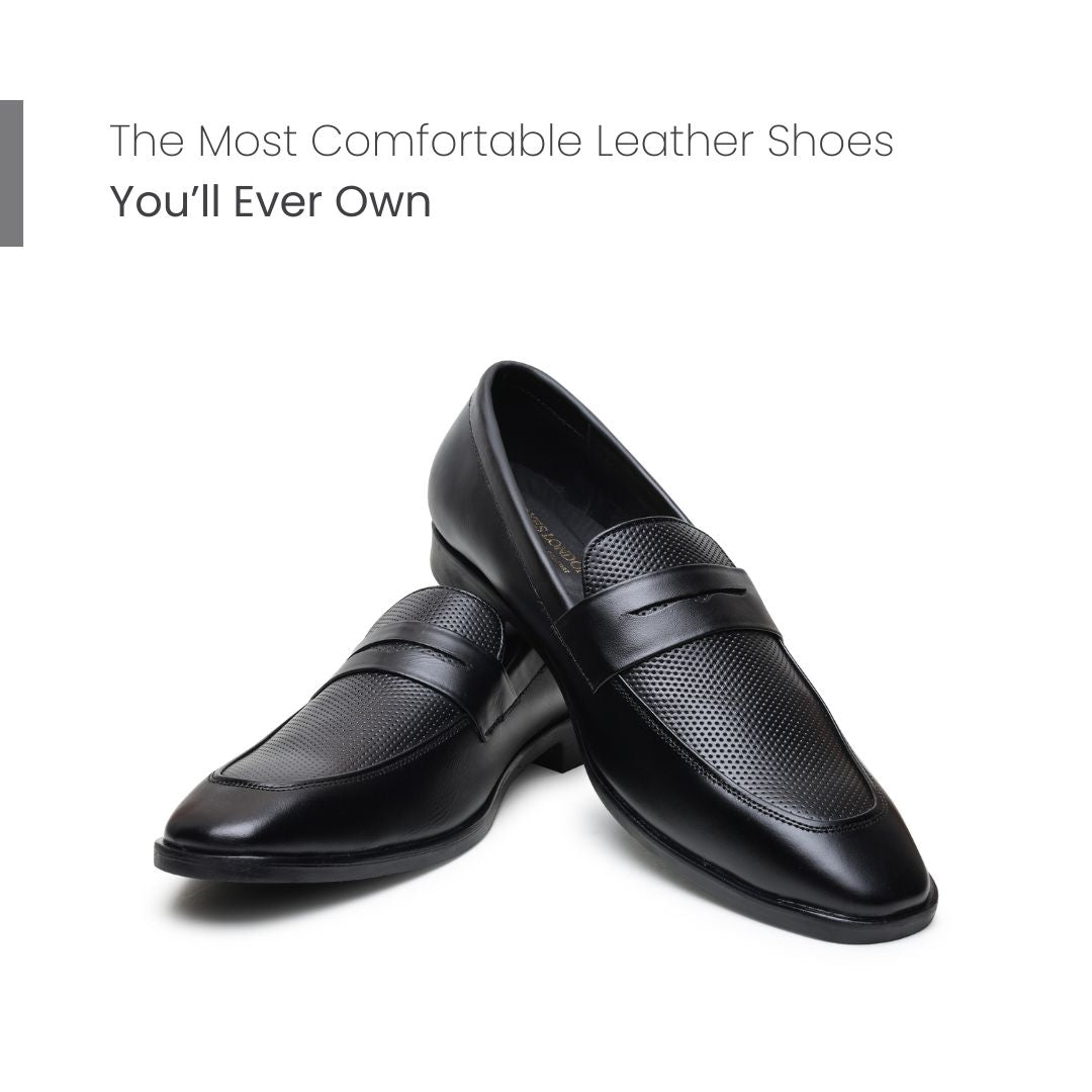 Hayes London | Windsor Black Formal Penny Loafers for Men – Genuine Leather Dotted Slip-On Shoes for Office & Party Wear