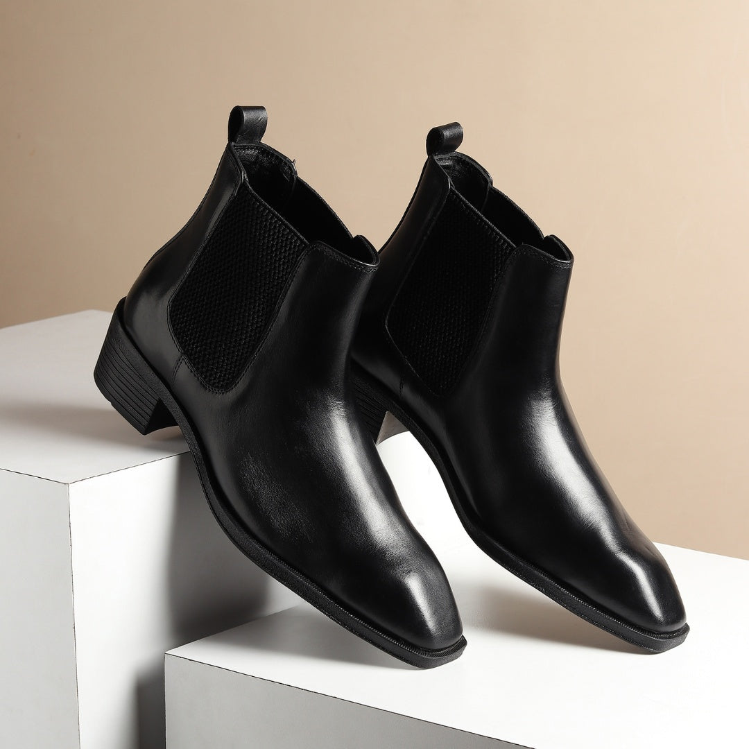 Hayes London | Dominion Cuban Heel Boots – Black Plain Genuine Leather Men’s Boots (2.5-Inch Heel & Tapered Almond Toe Design)