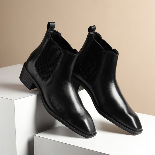 Hayes London | Dominion Black Genuine Leather Cuban Heel Boots for Men – Tapered Almond Toe Design & 2.5-Inch Heel