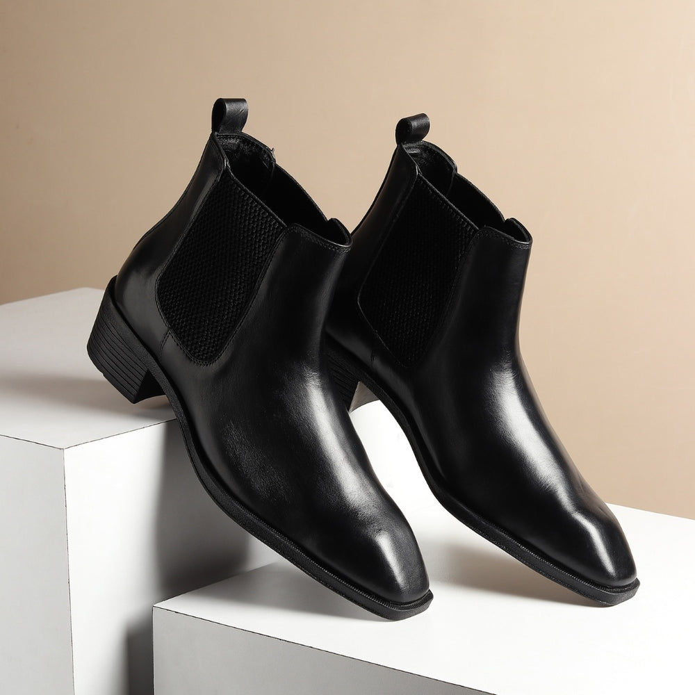 Hayes London | Dominion Cuban Heel Boots – Black Plain Genuine Leather Men’s Boots (2.5-Inch Heel & Tapered Almond Toe Design)