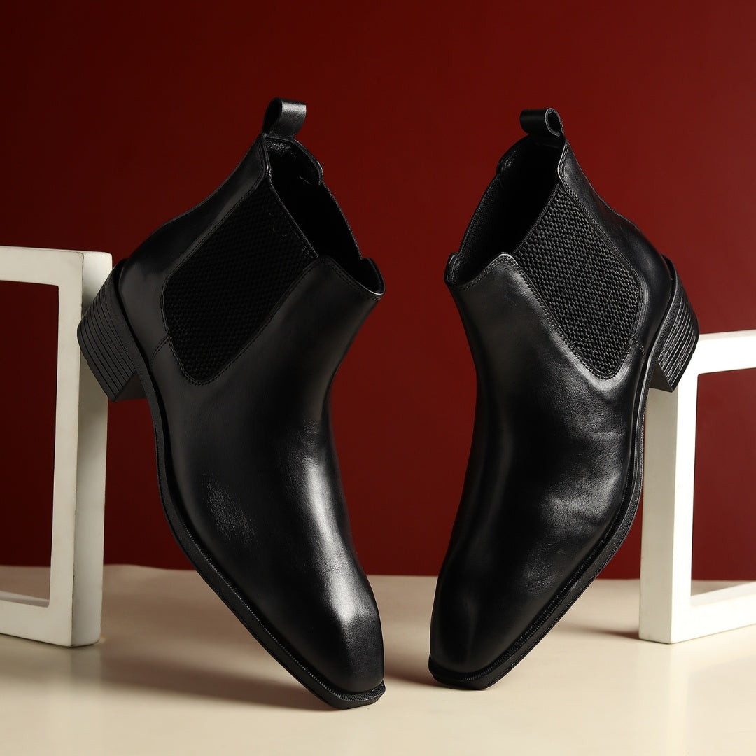 Hayes London | Dominion Cuban Heel Boots – Black Plain Genuine Leather Men’s Boots (2.5-Inch Heel & Tapered Almond Toe Design)