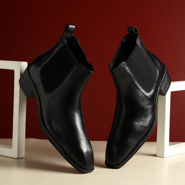 Hayes London | Dominion Black Genuine Leather Cuban Heel Boots for Men – Tapered Almond Toe Design & 2.5-Inch Heel