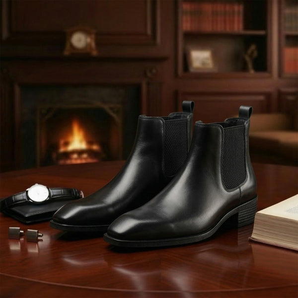 Hayes London | Dominion Black Genuine Leather Cuban Heel Boots for Men – Tapered Almond Toe Design & 2.5-Inch Heel