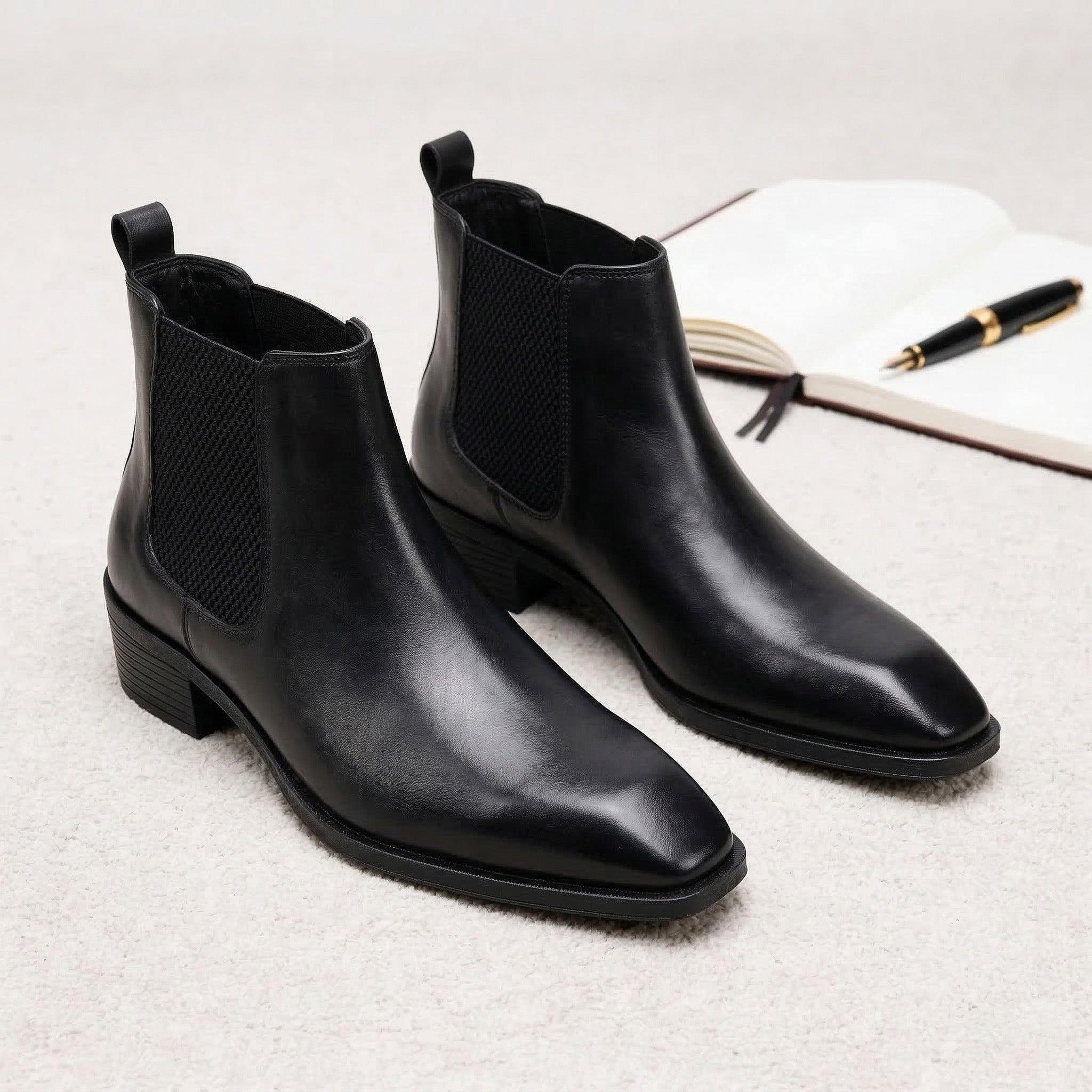 Hayes London | Dominion Cuban Heel Boots – Black Plain Genuine Leather Men’s Boots (2.5-Inch Heel & Tapered Almond Toe Design)