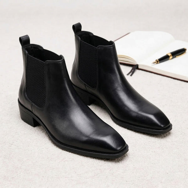 Hayes London | Dominion Black Genuine Leather Cuban Heel Boots for Men – Tapered Almond Toe Design & 2.5-Inch Heel