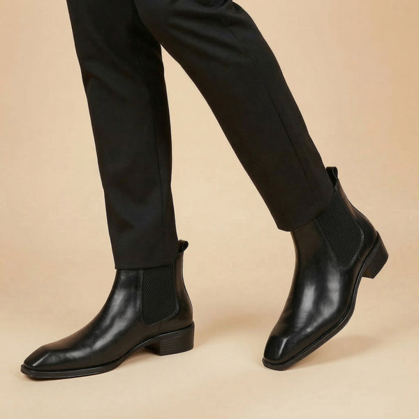 Hayes London | Dominion Black Genuine Leather Cuban Heel Boots for Men – Tapered Almond Toe Design & 2.5-Inch Heel
