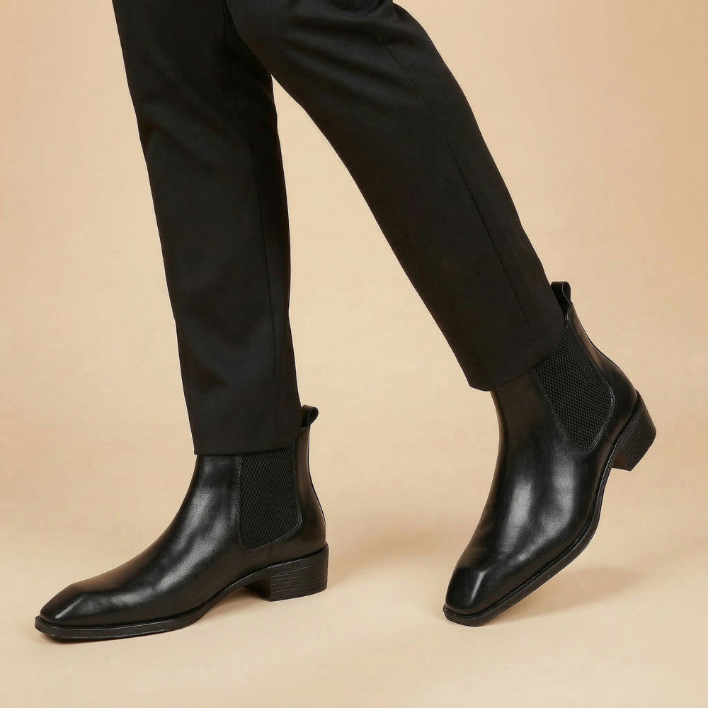 Hayes London | Dominion Cuban Heel Boots – Black Plain Genuine Leather Men’s Boots (2.5-Inch Heel & Tapered Almond Toe Design)