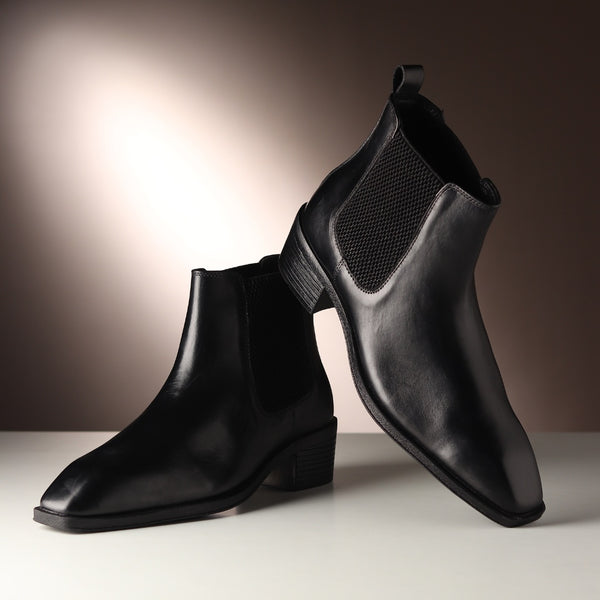 Hayes London | Dominion Black Genuine Leather Cuban Heel Boots for Men – Tapered Almond Toe Design & 2.5-Inch Heel