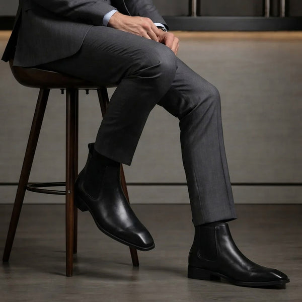Hayes London | Dominion Black Genuine Leather Cuban Heel Boots for Men – Tapered Almond Toe Design & 2.5-Inch Heel
