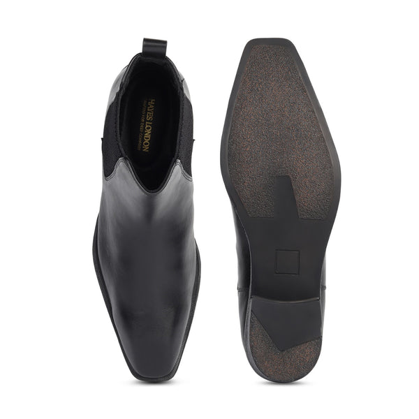 Hayes London | Dominion Black Genuine Leather Cuban Heel Boots for Men – Tapered Almond Toe Design & 2.5-Inch Heel