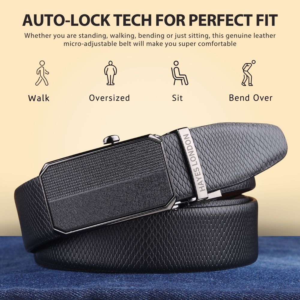 Hayes London | Asgard Auto-Lock No-Hole Italian Leather Belt for Men – Micro-adjustable Reversible Black & Brown Belt for Formal & Casual Wear