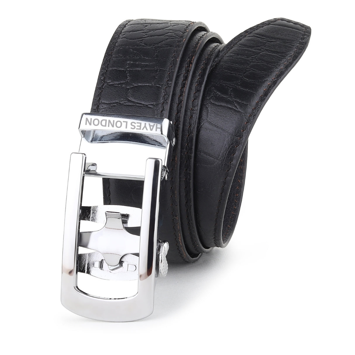 Hayes London | Atlas Auto-Lock No-Hole Genuine Leather Belt for Men – Micro-adjustable Smart Belt for Formal & Casual Wear (Croco Black)