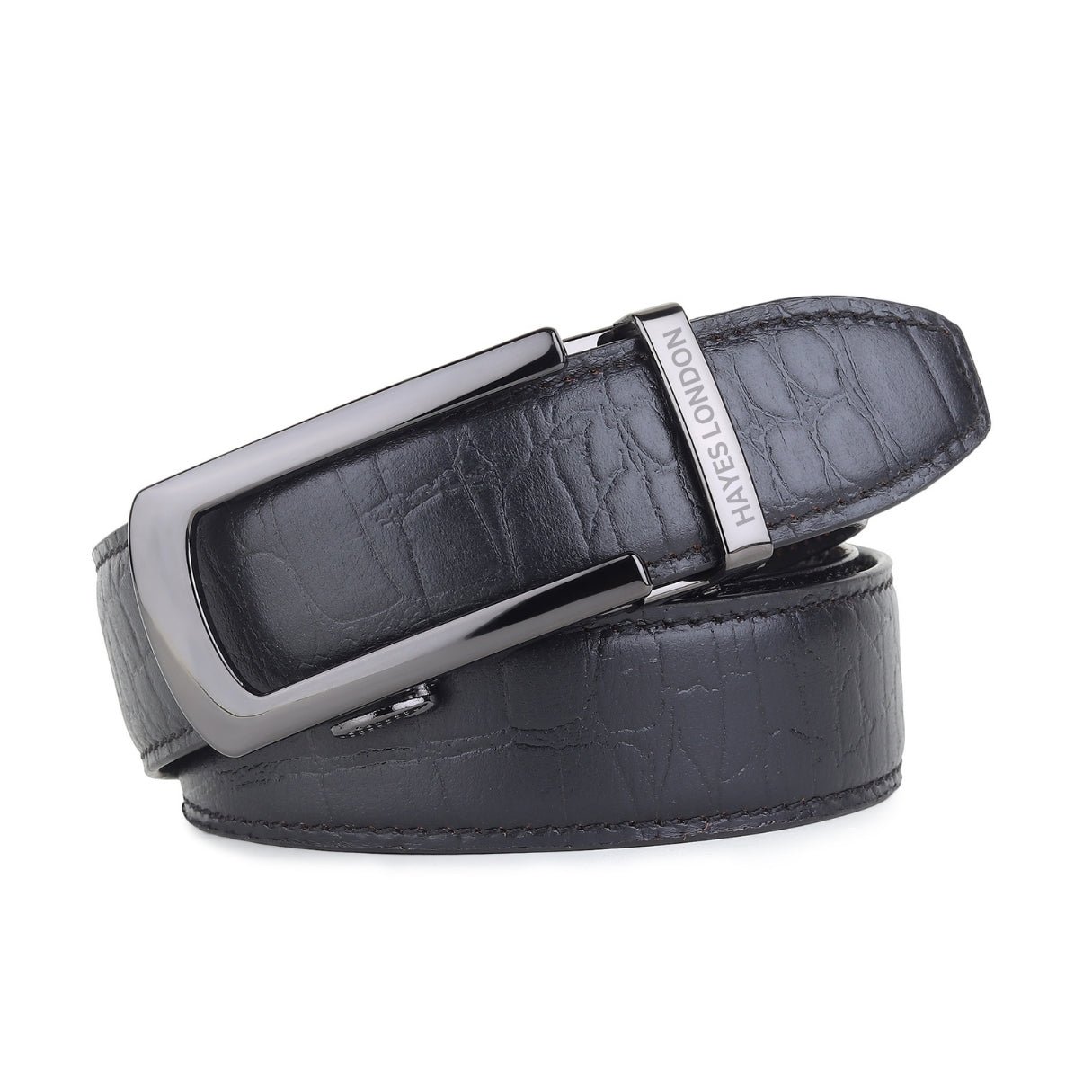 Hayes London | Atlas Auto-Lock No-Hole Genuine Leather Belt for Men – Micro-adjustable Smart Belt for Formal & Casual Wear (Croco Black)