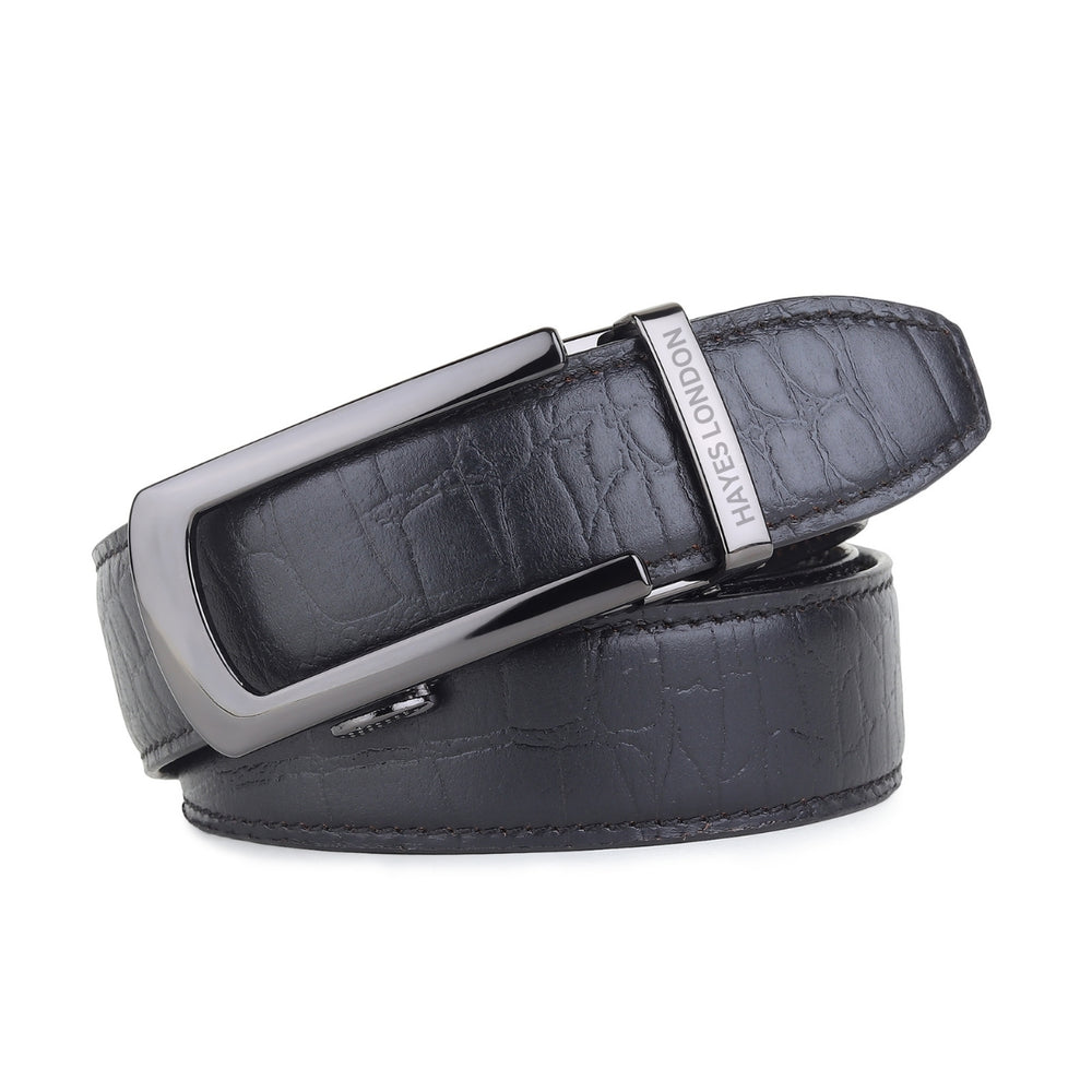 Hayes London | Atlas Auto-Lock No-Hole Genuine Leather Belt for Men – Micro-adjustable Smart Belt for Formal & Casual Wear (Croco Black)