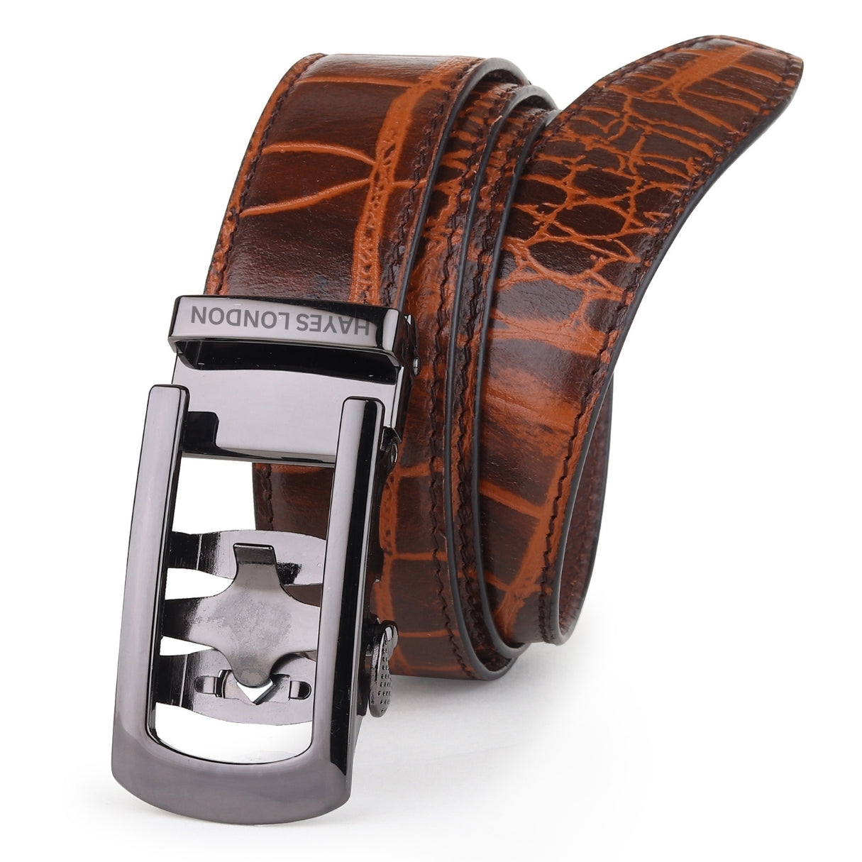 Hayes London | Atlas Auto-Lock No-Hole Genuine Leather Belt for Men – Micro-adjustable Smart Belt for Formal & Casual Wear (Croco Brown)