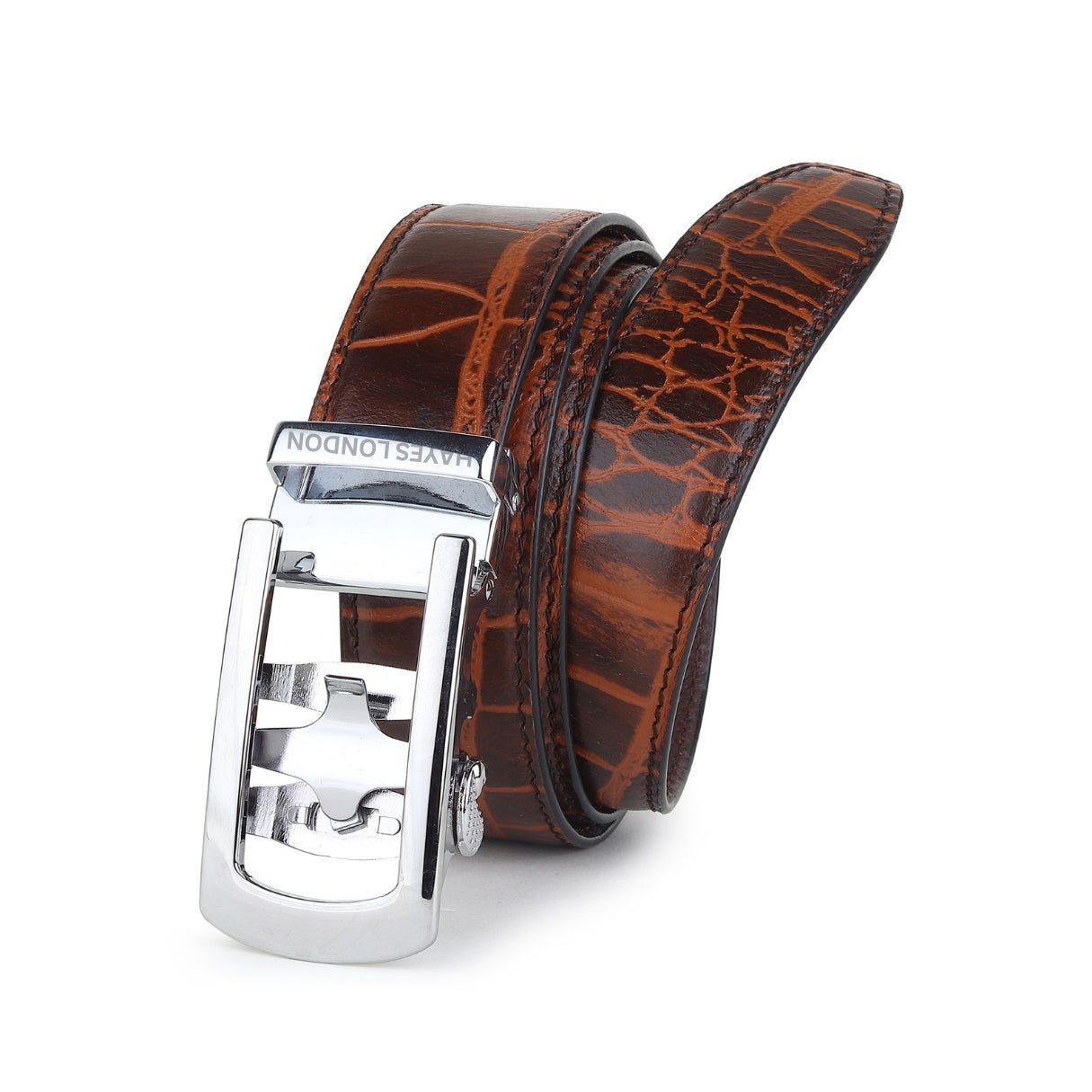 Hayes London | Atlas Auto-Lock No-Hole Genuine Leather Belt for Men – Micro-adjustable Smart Belt for Formal & Casual Wear (Croco Brown)
