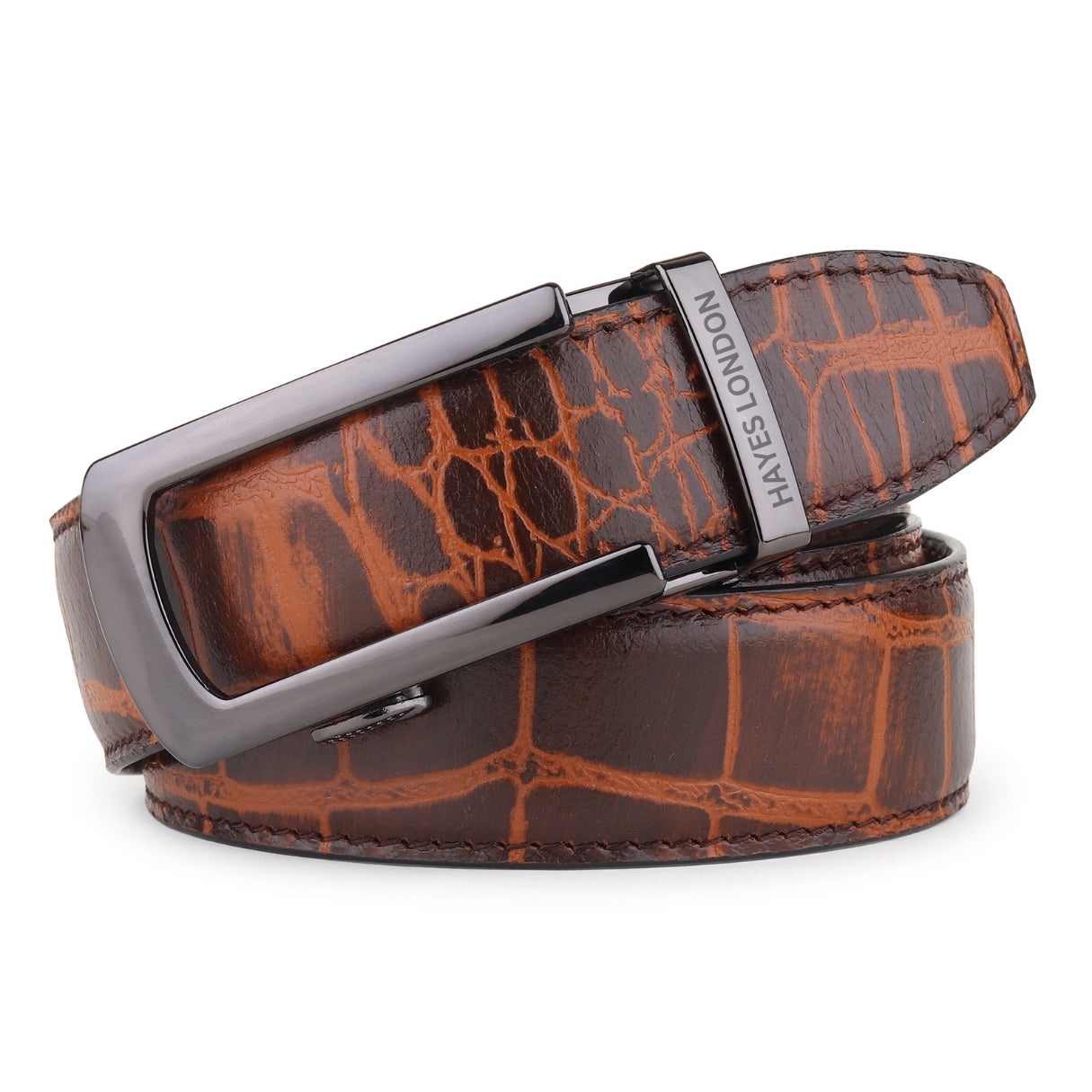 Hayes London | Atlas Auto-Lock No-Hole Genuine Leather Belt for Men – Micro-adjustable Smart Belt for Formal & Casual Wear (Croco Brown)