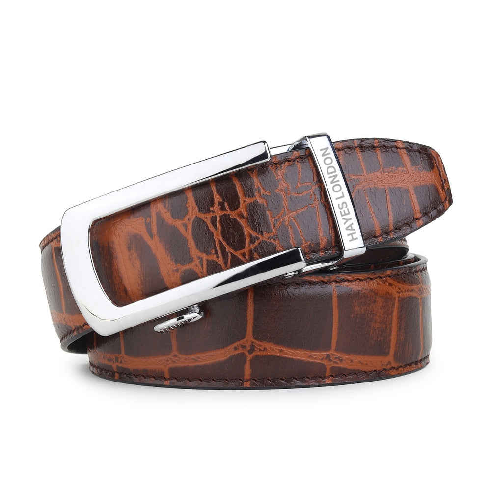 Hayes London | Atlas Auto-Lock No-Hole Genuine Leather Belt for Men – Micro-adjustable Smart Belt for Formal & Casual Wear (Croco Brown)