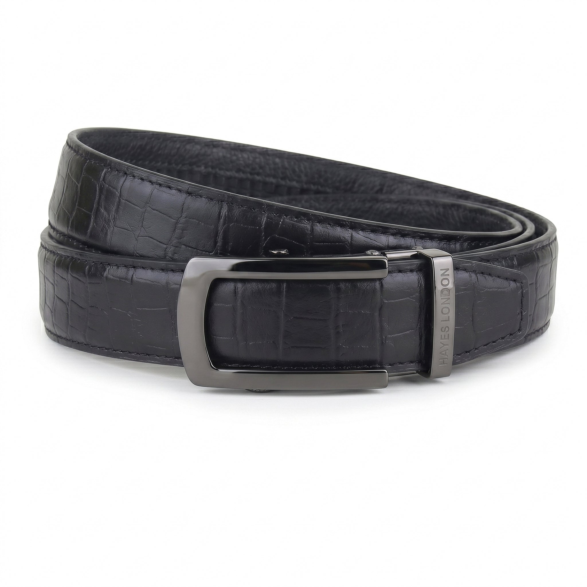 Hayes London | Atlas Auto-Lock No-Hole Genuine Leather Belt for Men – Micro-adjustable Smart Belt for Formal & Casual Wear (Croco Black)