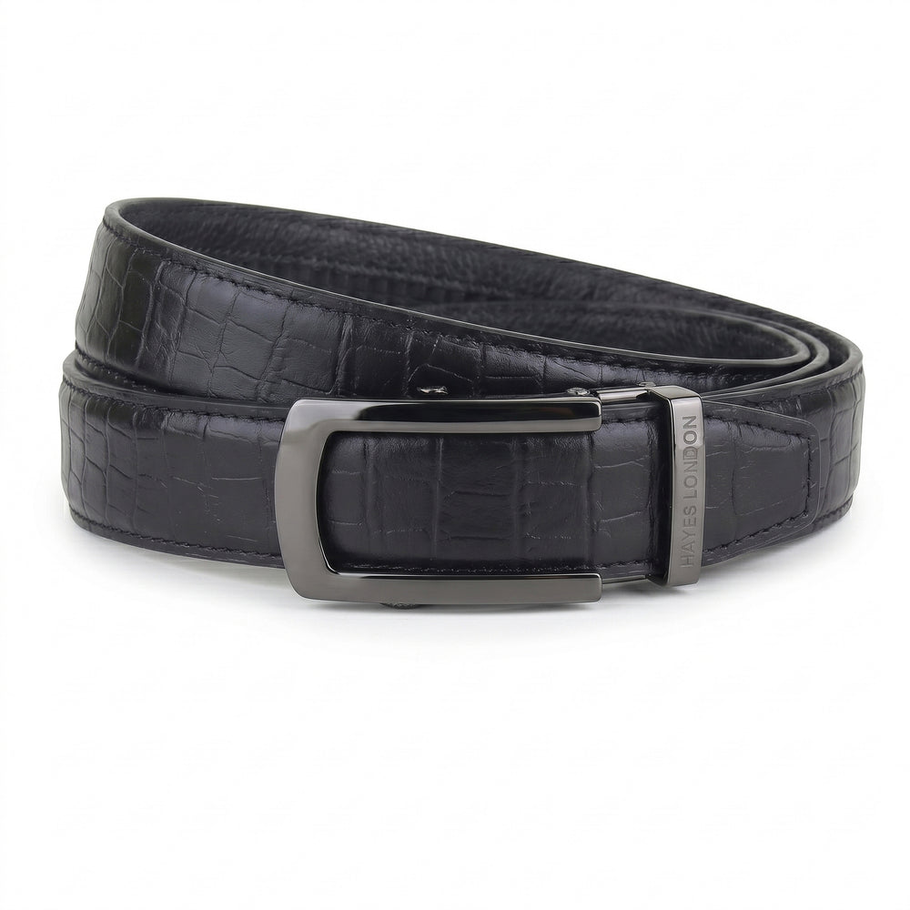 Hayes London | Atlas Auto-Lock No-Hole Genuine Leather Belt for Men – Micro-adjustable Smart Belt for Formal & Casual Wear (Croco Black)