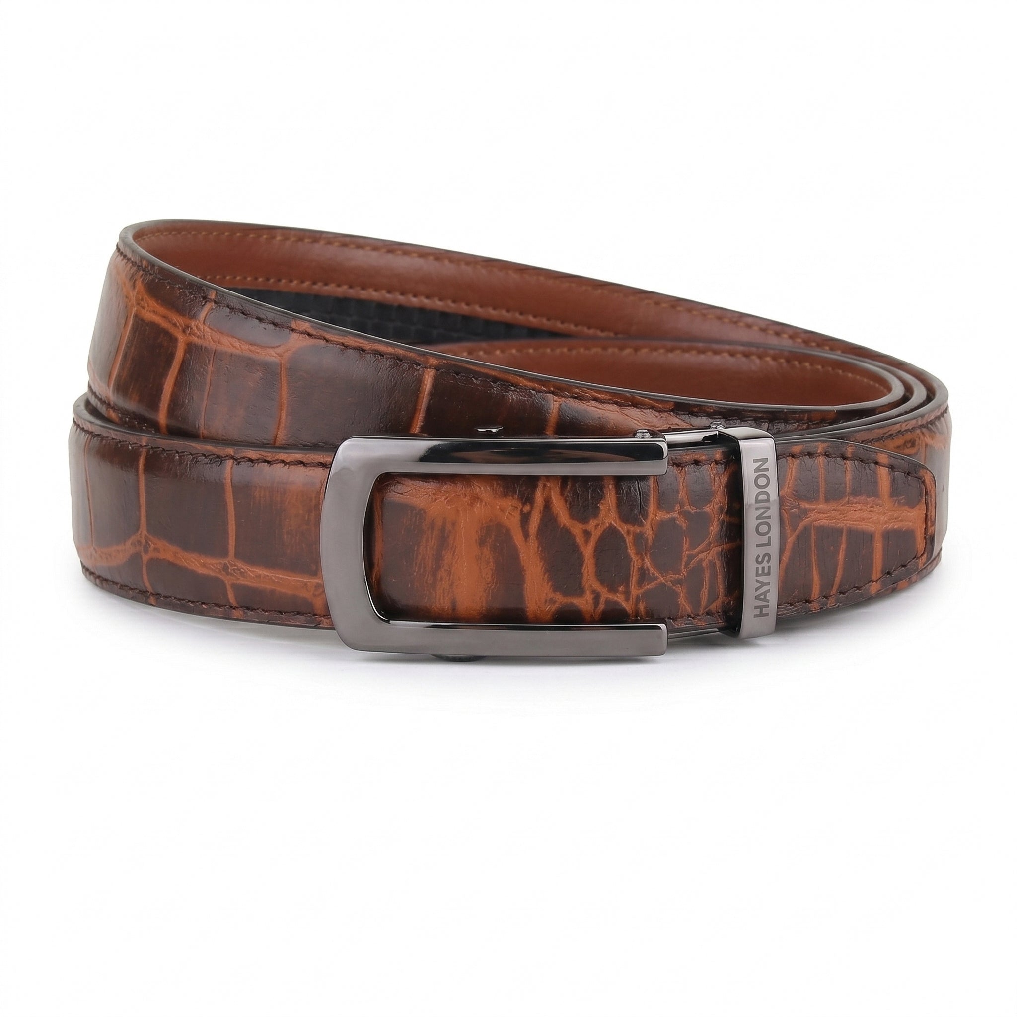 Hayes London | Atlas Auto-Lock No-Hole Genuine Leather Belt for Men – Micro-adjustable Smart Belt for Formal & Casual Wear (Croco Brown)