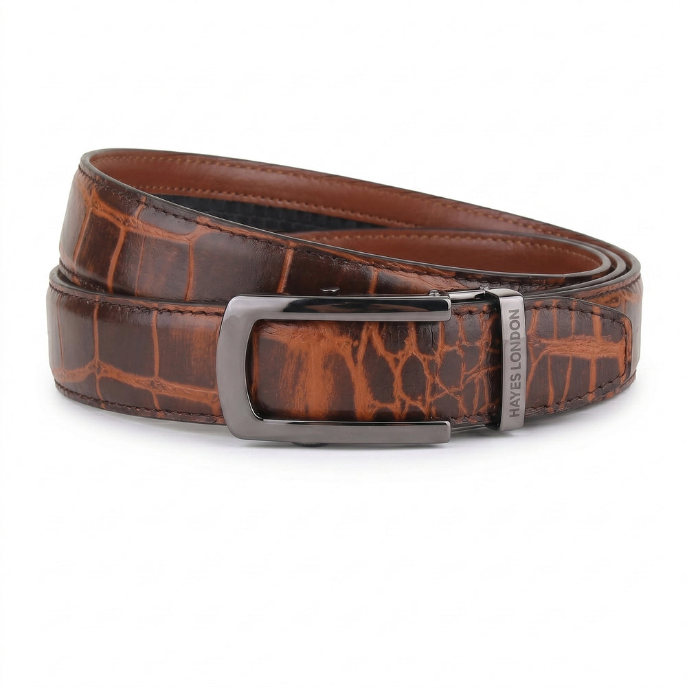 Hayes London | Atlas Auto-Lock No-Hole Genuine Leather Belt for Men – Micro-adjustable Smart Belt for Formal & Casual Wear (Croco Brown)