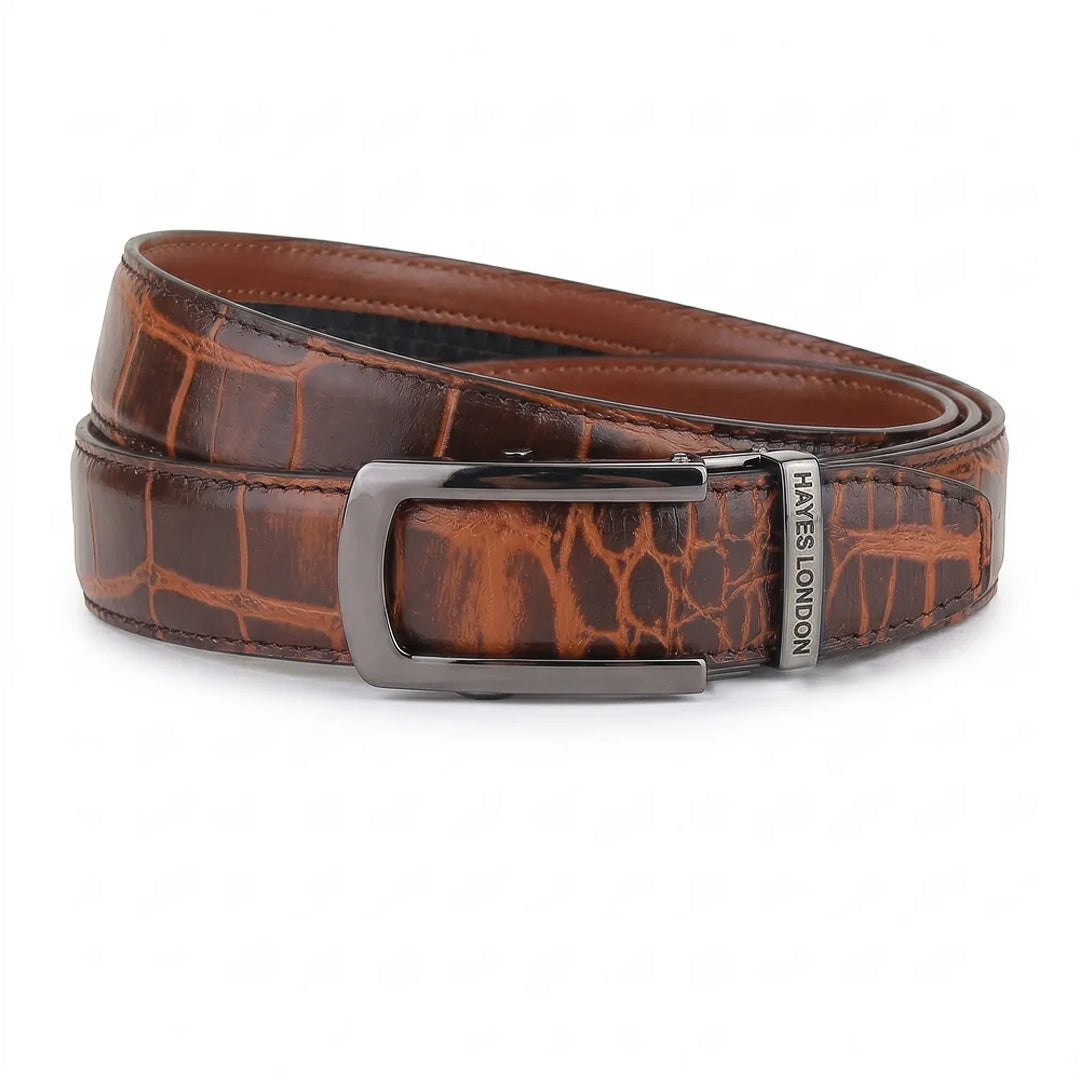 Hayes London | Atlas Brown Croco Genuine Leather Auto-Lock Belt for Men – Grey Buckle, Micro-Adjustable Fit