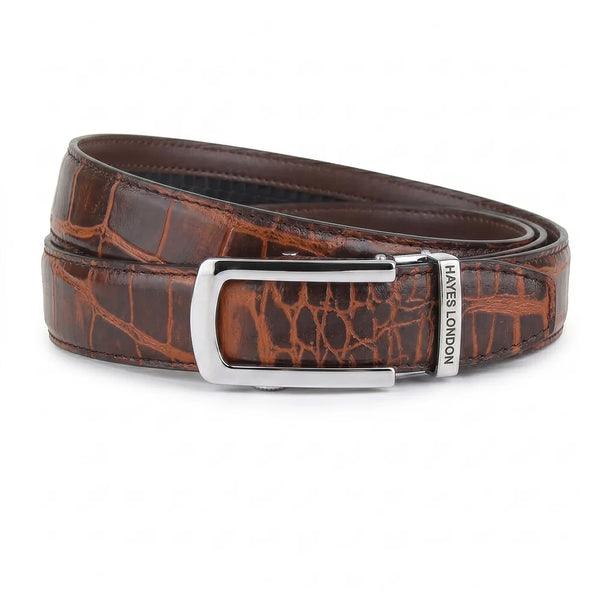 Hayes London | Atlas Brown Croco Genuine Leather Auto-Lock Belt for Men – Silver Buckle, Micro-Adjustable Fit