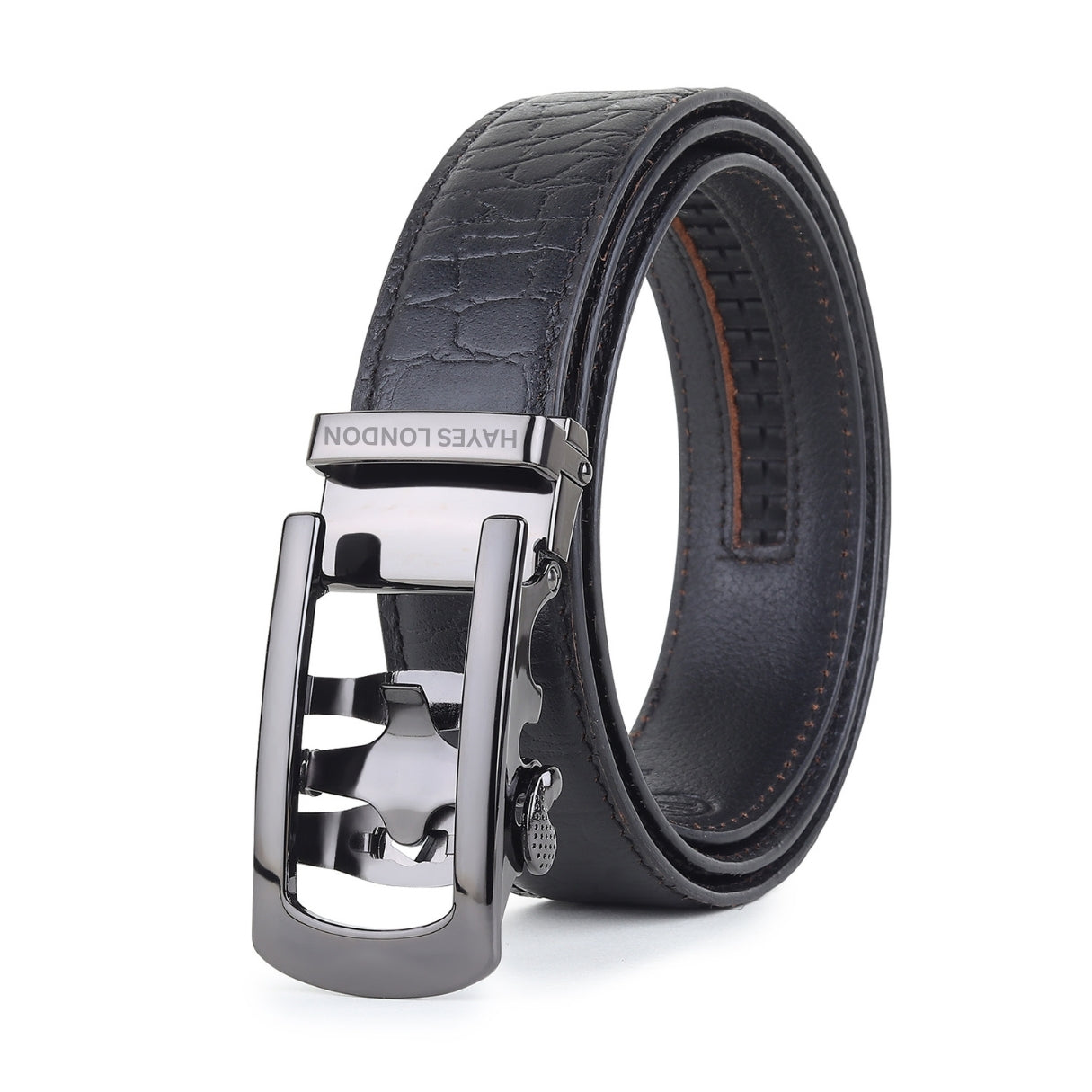 Hayes London | Atlas Auto-Lock No-Hole Genuine Leather Belt for Men – Micro-adjustable Smart Belt for Formal & Casual Wear (Croco Black)