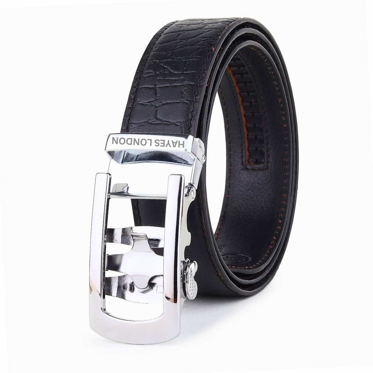 Hayes London | Atlas Auto-Lock No-Hole Genuine Leather Belt for Men – Micro-adjustable Smart Belt for Formal & Casual Wear (Croco Black)